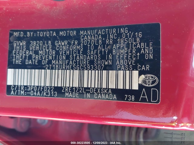 Toyota Corolla S W/special Edition Pkg 2016 2T1BURHE5GC593307 Image 9