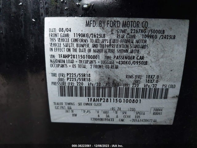 2005 FORD FIVE HUNDRED LIMITED VIN: 1FAHP28115G100801