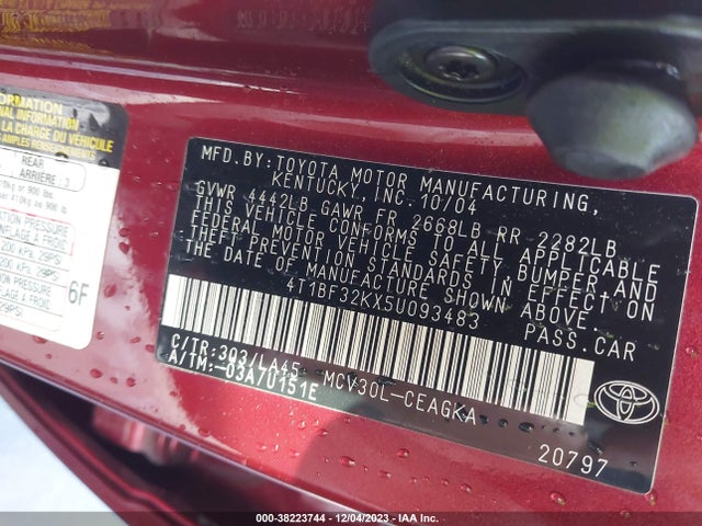 2005 TOYOTA CAMRY XLE V6 VIN: 4T1BF32KX5U093483