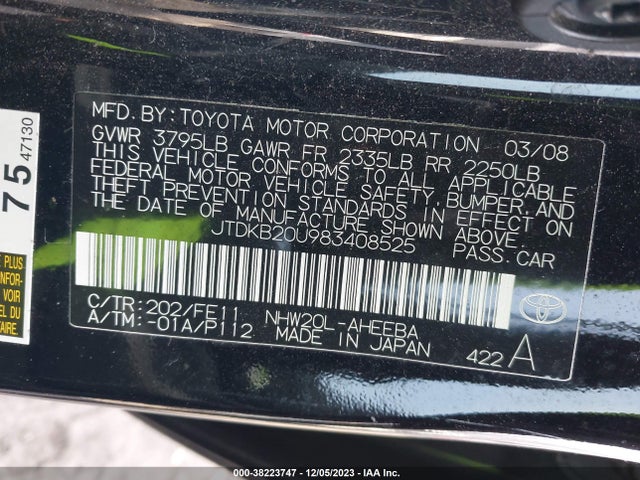2008 TOYOTA PRIUS BASE (CVT-E) VIN: JTDKB20U983408525
