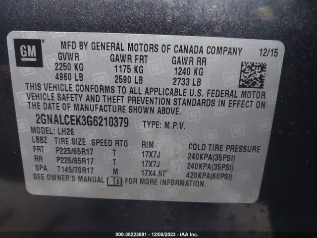 Chevrolet EQUINOX LT 2016 2GNALCEK3G6210379 Image 9