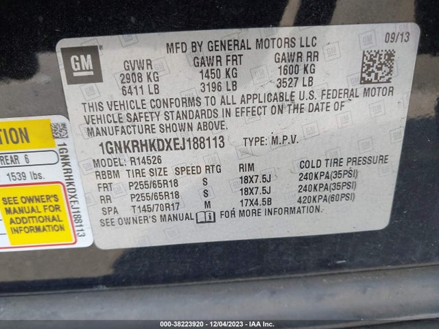 Chevrolet Traverse 2lt 2014 1GNKRHKDXEJ188113 Image 9