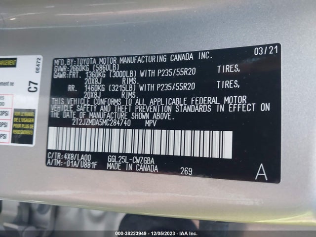 2021 LEXUS RX 350 VIN: 2T2JZMDA5MC284740