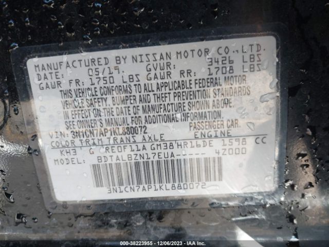 3N1CN7AP1KL880072 Nissan Versa 1.6 Sv