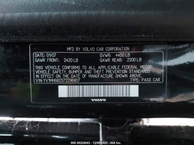 2007 VOLVO S40 2.5L TURBO VIN: YV1MH682572296807