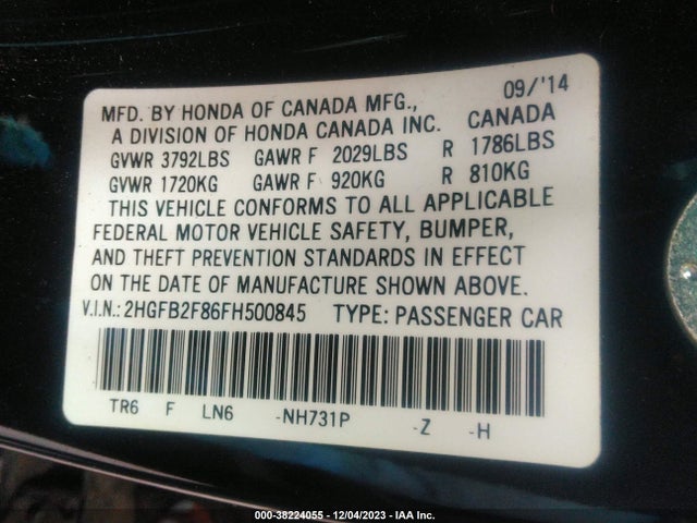 2015 HONDA CIVIC EX VIN: 2HGFB2F86FH500845