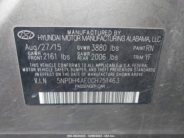 2016 HYUNDAI ELANTRA SE VIN: 5NPDH4AE0GH751463