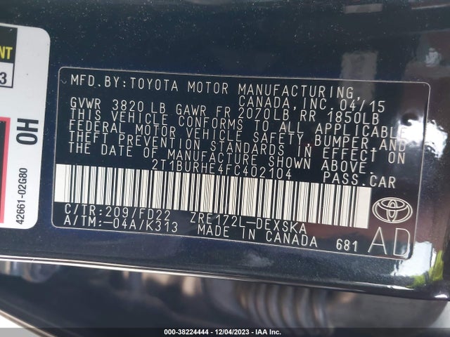 2015 TOYOTA COROLLA S PLUS VIN: 2T1BURHE4FC402104