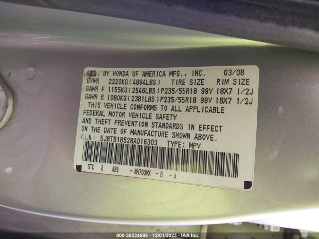 2008 ACURA RDX VIN: 5J8TB18528A016303