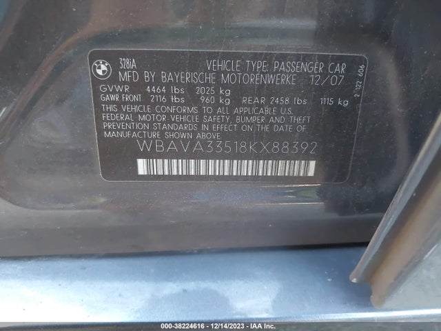 2008 BMW 328I VIN: WBAVA33518KX88392