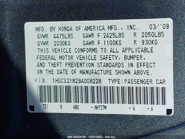 2009 HONDA ACCORD 3.5 EX-L VIN: 1HGCS21829A008228
