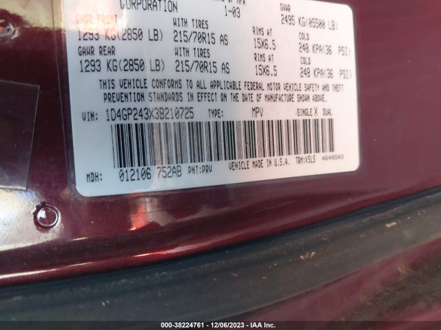 2003 DODGE GRAND CARAVAN SE VIN: 1D4GP243X3B210725