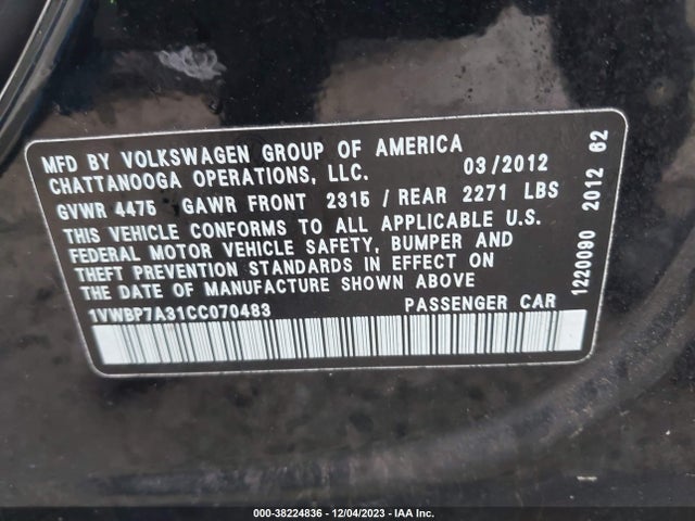 2012 VOLKSWAGEN PASSAT 2.5L SE VIN: 1VWBP7A31CC070483