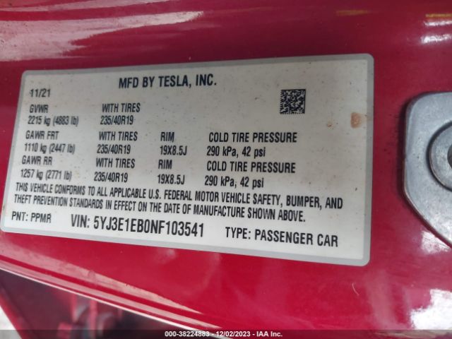 5YJ3E1EB0NF103541 Tesla Model 3 Long Range Dual Motor All-wheel Drive