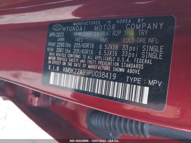 2023 HYUNDAI KONA SE VIN: KM8K22AB9PU038419