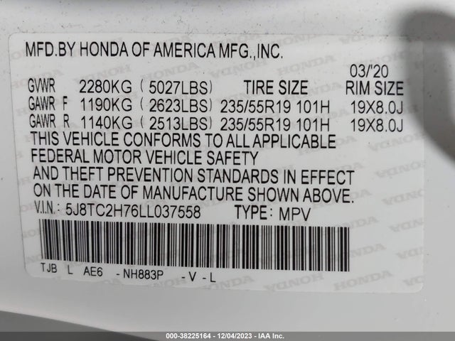 5J8TC2H76LL037558 Acura Rdx W/advance Pkg