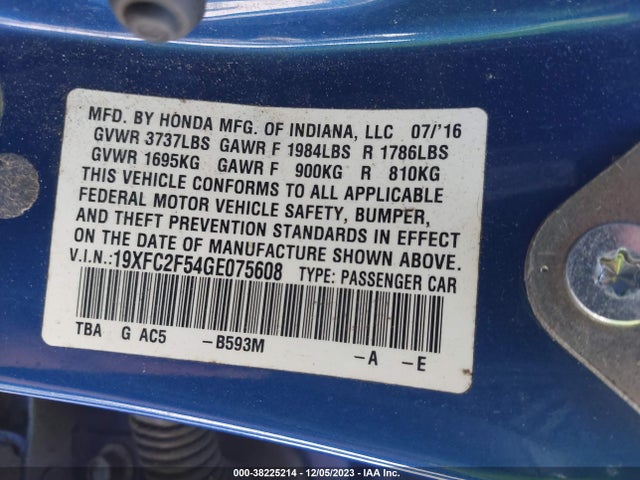 Honda Civic Lx 2016 19XFC2F54GE075608 Image 9