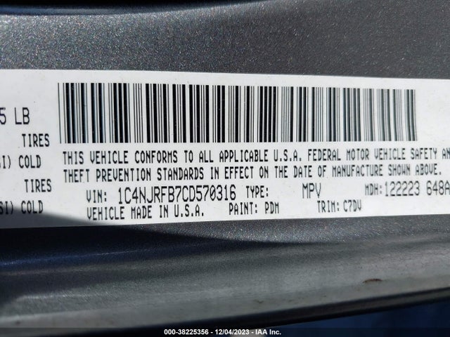 2012 JEEP PATRIOT LATITUDE VIN: 1C4NJRFB7CD570316