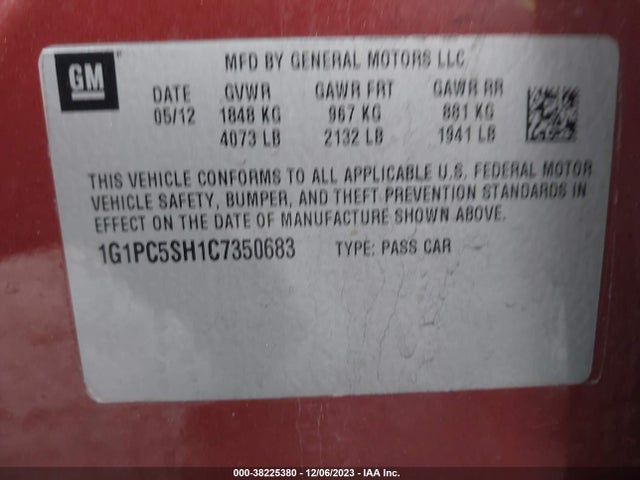 2012 CHEVROLET CRUZE LS VIN: 1G1PC5SH1C7350683
