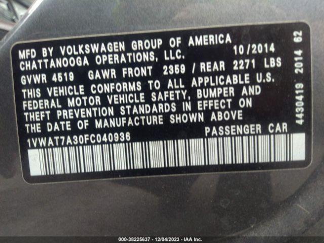 1VWAT7A30FC040936 Volkswagen Passat 1.8t Wolfsburg Edition