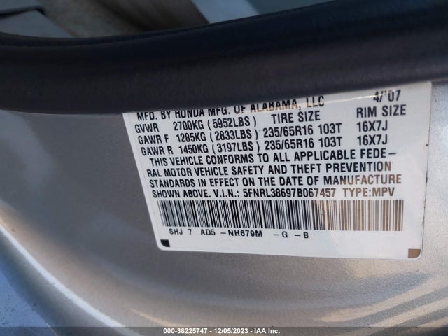 2007 HONDA ODYSSEY EX-L VIN: 5FNRL38697B067457