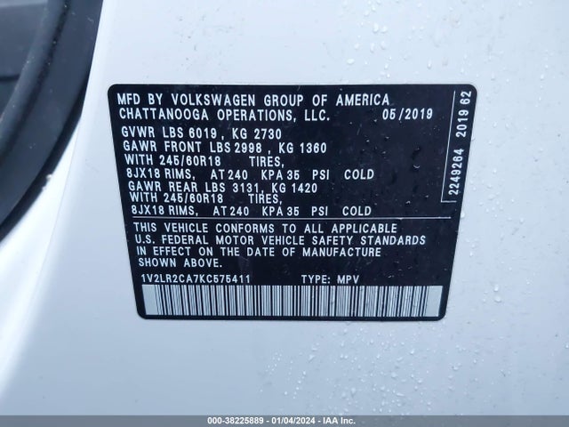 1V2LR2CA7KC575411 Volkswagen Atlas 3.6l V6 Se