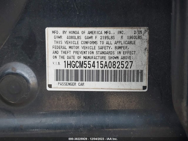 2005 HONDA ACCORD SDN 1HGCM55415A082527 Photo 8
