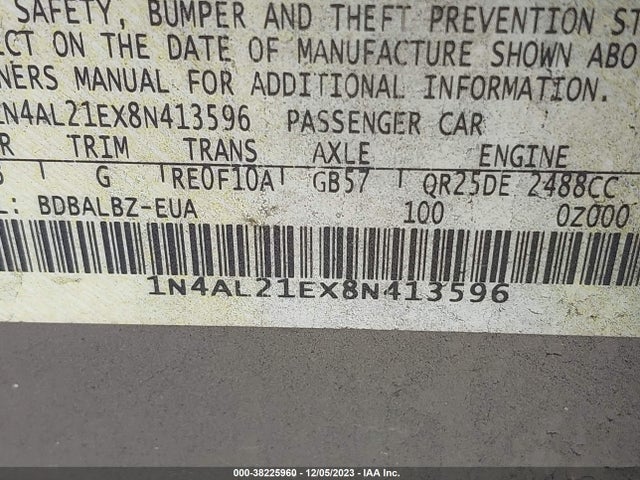 2008 NISSAN ALTIMA 2.5 S VIN: 1N4AL21EX8N413596