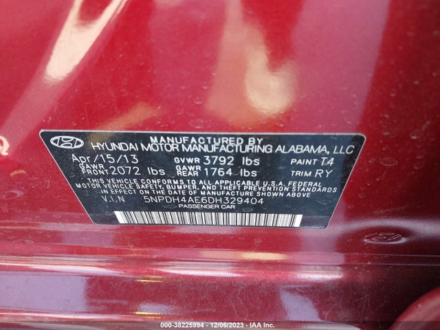 2013 HYUNDAI ELANTRA LIMITED VIN: 5NPDH4AE6DH329404