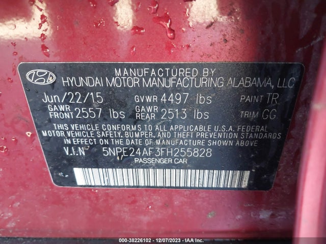 2015 HYUNDAI SONATA SE VIN: 5NPE24AF3FH255828