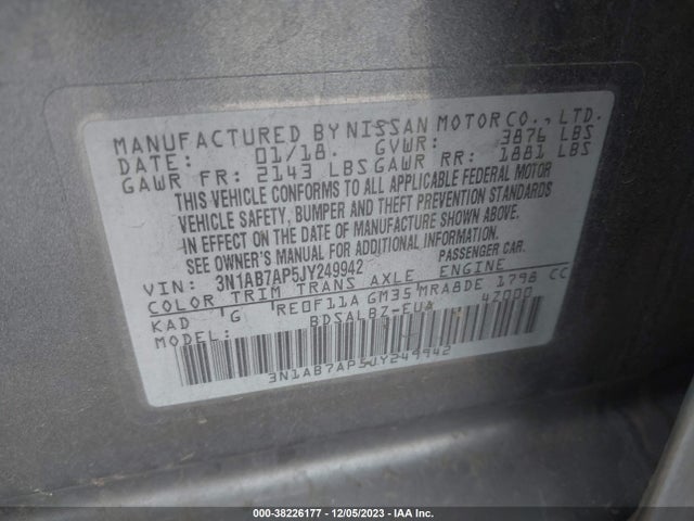 2018 NISSAN SENTRA S VIN: 3N1AB7AP5JY249942