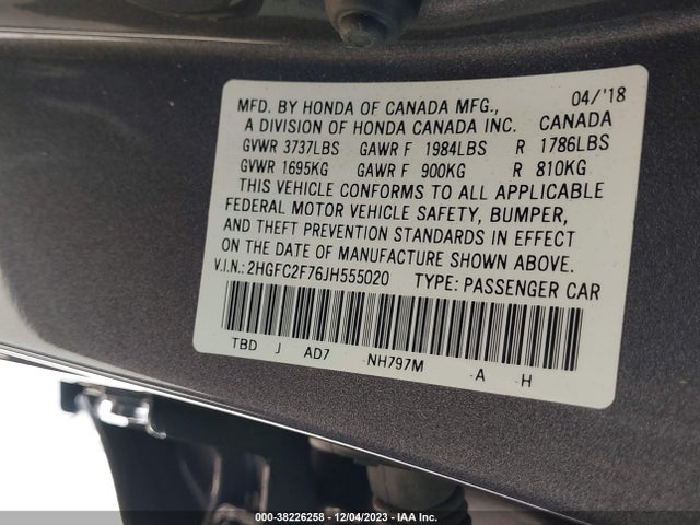 Honda CIVIC EX 2018 2HGFC2F76JH555020 Image 9