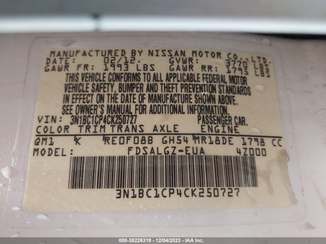 2012 NISSAN VERSA 1.8 SL VIN: 3N1BC1CP4CK250727