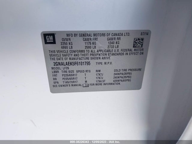 2015 CHEVROLET EQUINOX LS VIN: 2GNALAEK5F6101795