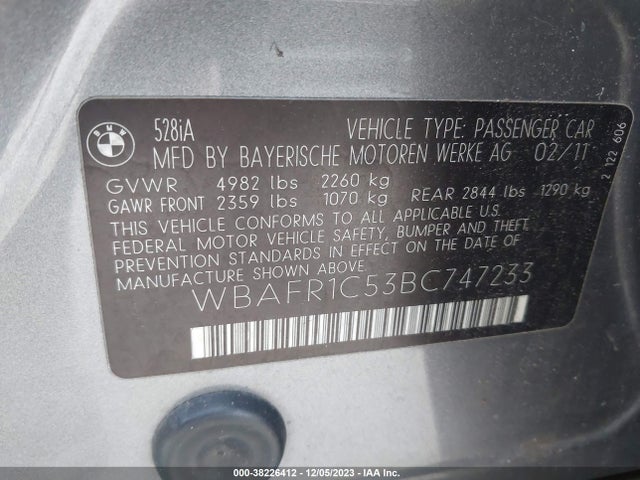 2011 BMW 528I VIN: WBAFR1C53BC747233