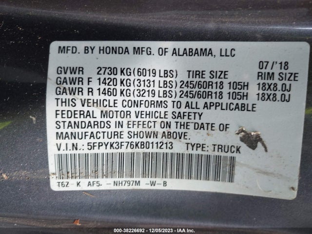 Honda Ridgeline Rtl-e 2019 5FPYK3F76KB011213 Image 9