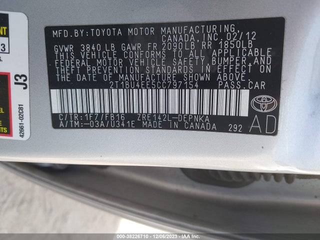 2012 TOYOTA COROLLA LE VIN: 2T1BU4EE5CC797154
