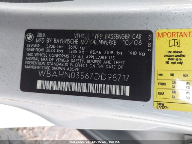 2007 BMW 760LI WBAHN03567DD98717 Photo 8