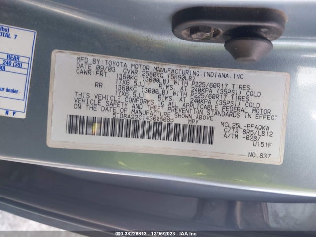 2004 TOYOTA SIENNA XLE LIMITED VIN: 5TDBA22C14S008085