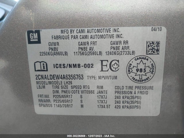 2010 CHEVROLET EQUINOX LT VIN: 2CNALDEW4A6356763