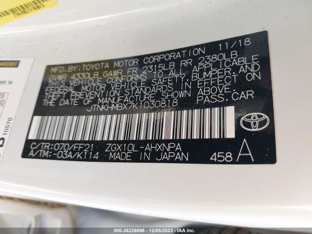 2019 TOYOTA C-HR XLE VIN: JTNKHMBX7K1030818