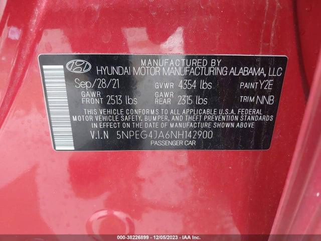 5NPEG4JA6NH142900 Hyundai SONATA SE