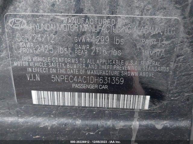 2013 HYUNDAI SONATA SE VIN: 5NPEC4AC1DH631359