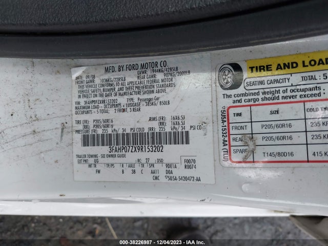 2009 FORD FUSION SE VIN: 3FAHP07ZX9R153202