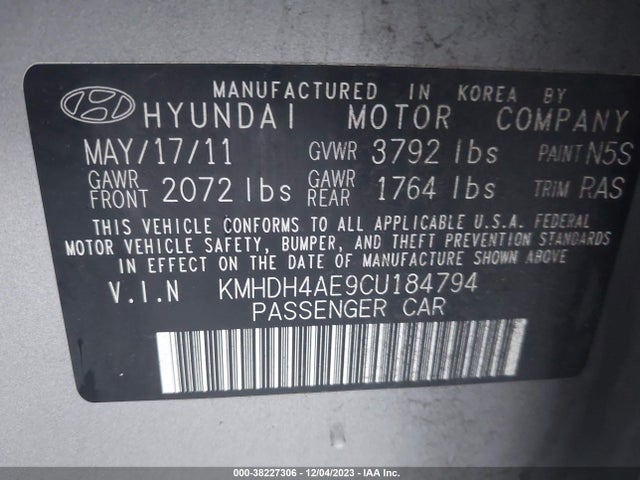 2012 HYUNDAI ELANTRA GLS (ULSAN PLANT) VIN: KMHDH4AE9CU184794