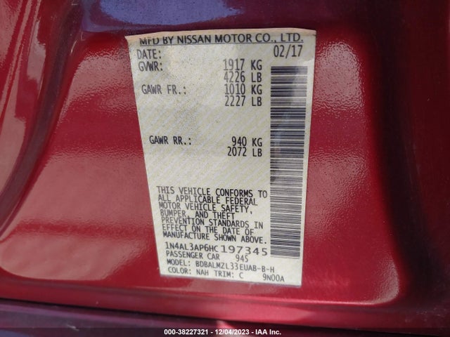 2017 NISSAN ALTIMA 2.5 SV VIN: 1N4AL3AP6HC197345
