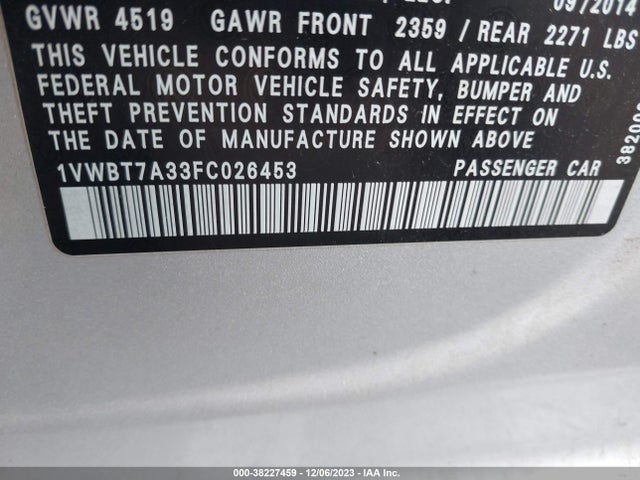 2015 VOLKSWAGEN PASSAT 1.8T SE VIN: 1VWBT7A33FC026453