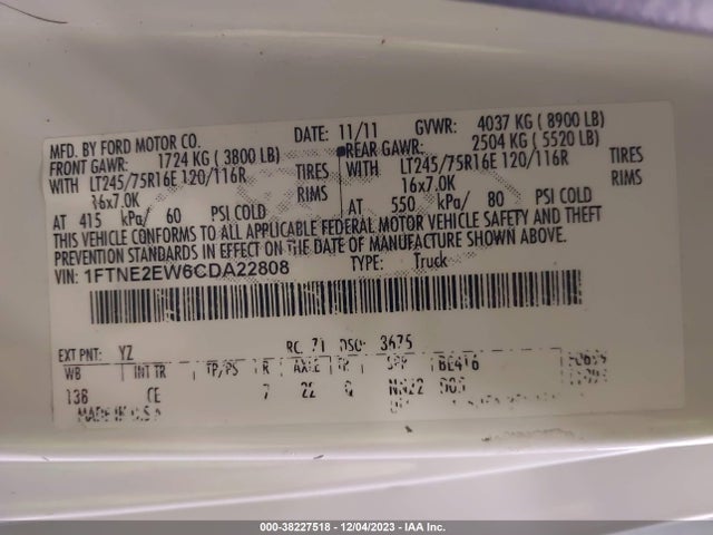 2012 FORD E-250 COMMERCIAL VIN: 1FTNE2EW6CDA22808
