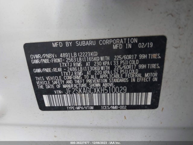 2019 SUBARU FORESTER PREMIUM VIN: JF2SKAGCXKH510029