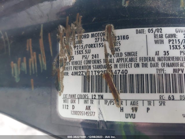 2002 MERCURY VILLAGER VALUE/POPULAR VIN: 4M2ZV11T92DJ14740